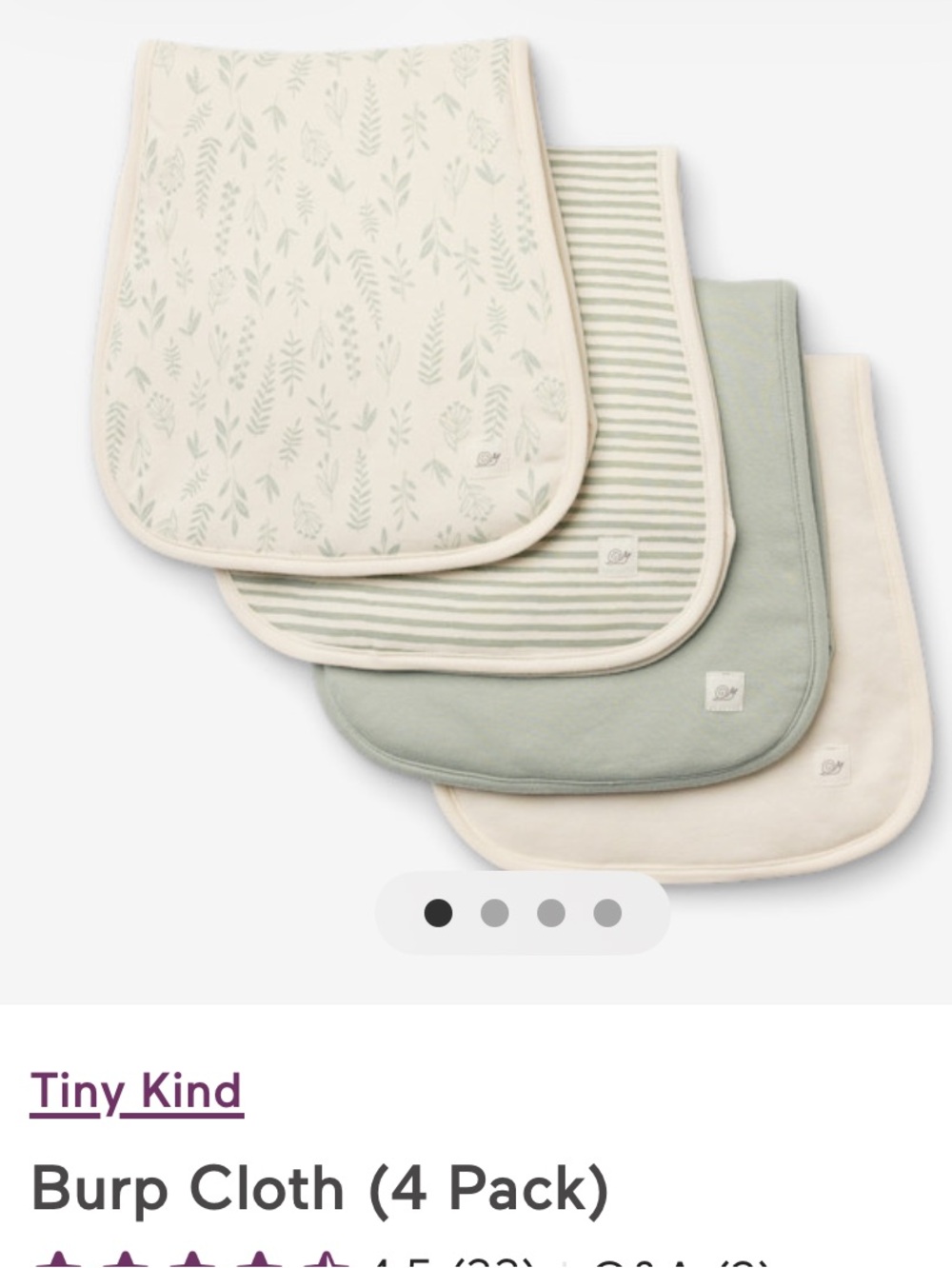 NWT Tiny Kind Sage & Cream 4-Pack Baby Burp Cloths